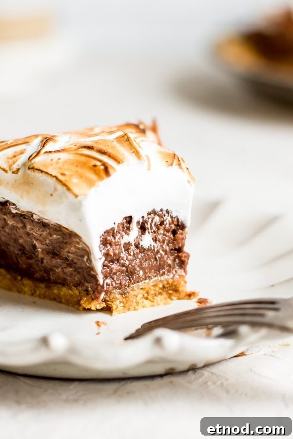 Decadent S'mores Pie Recipe with Chocolate Graham Cracker Crust 6 close up of smores pie with bite missing showing off filling