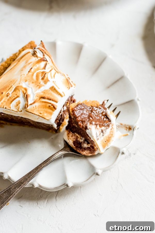 Decadent S'mores Pie Recipe with Chocolate Graham Cracker Crust 7 overhead slice of s'mores pie with biteful on fork