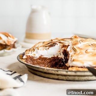 Decadent S'mores Pie Recipe with Chocolate Graham Cracker Crust 9 pie in pan with slice missing