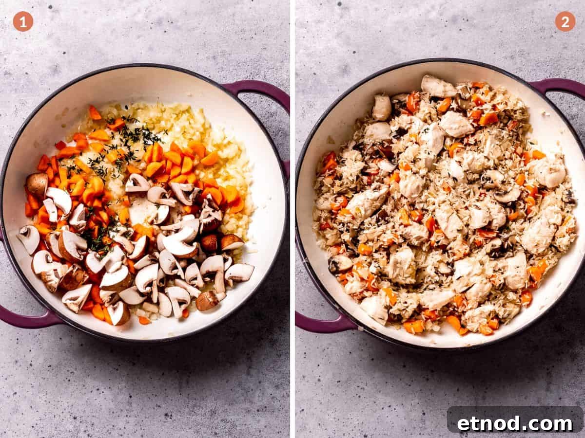 Vegetables and rice are sautéd in butter for a chicken casserole with broccoli.