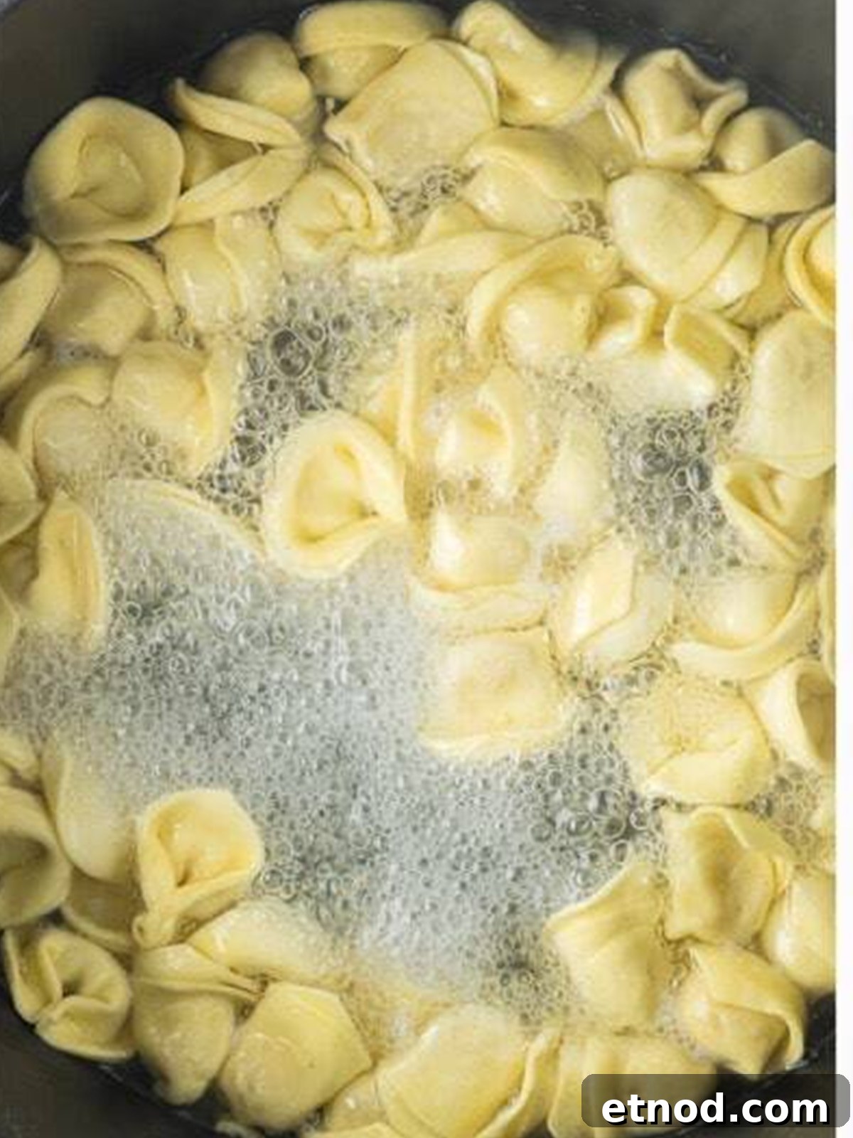 Creamy Italian Sausage Tortellini Bake: Cheesy Oven Pasta Delight 4 Fresh tortellini boiling in a pot of water for sausage tortellini bake.