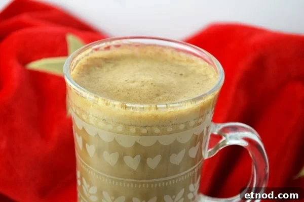 banana-milk-coffee- www-insidetherustickitchen-com A close up of banana milk coffee in a mug