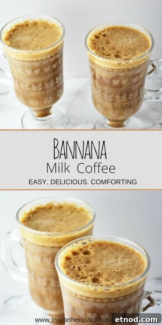 banana-milk-coffee- www-insidetherustickitchen-com A collage image of banana milk coffee with text
