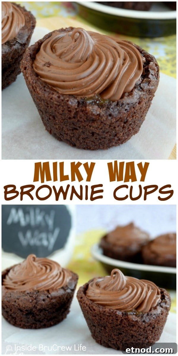Caramel centers and whipped chocolate make these little Milky Way Brownie Cups a fun surprise treat. Caramel centers and whipped chocolate make these little Milky Way Brownie Cups a fun surprise treat.