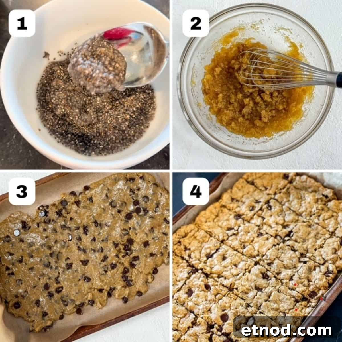 Vegan Blondies Recipe: Chewy, Fudgy Dairy-Free Bars 4 Four numbered images showing how to make vegan blondies.