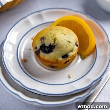 Baked muffin on white plate with a slice of fresh orange on the side.