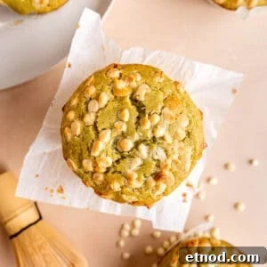 Matcha Muffins with White Chocolate Chips: Soft & Moist Recipe 9 Top view of white chocolate chip matcha muffins.