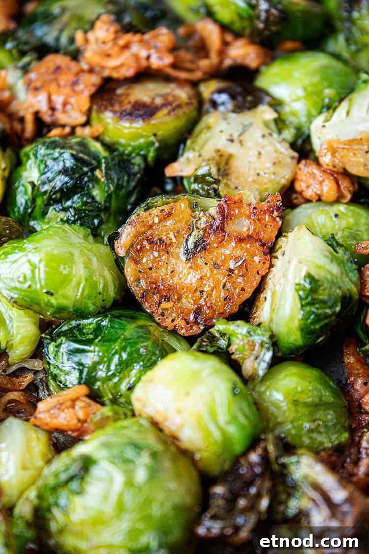 Oven-Roasted Keto Brussels Sprouts Recipe 11 overhead view of keto oven roasted brussel sprouts ready to serve