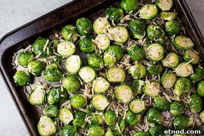 Oven-Roasted Keto Brussels Sprouts Recipe 6 overhead view of sheet pan with brussel sprouts evenly spaced and sprinkled with parmessan cheese ready for oven roasting