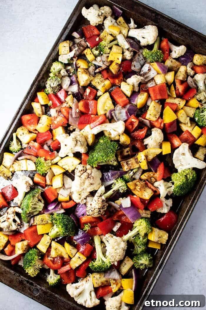 Oven-Roasted Keto Brussels Sprouts Recipe 8 overhead view of large baking sheet of keto roasted vegetables