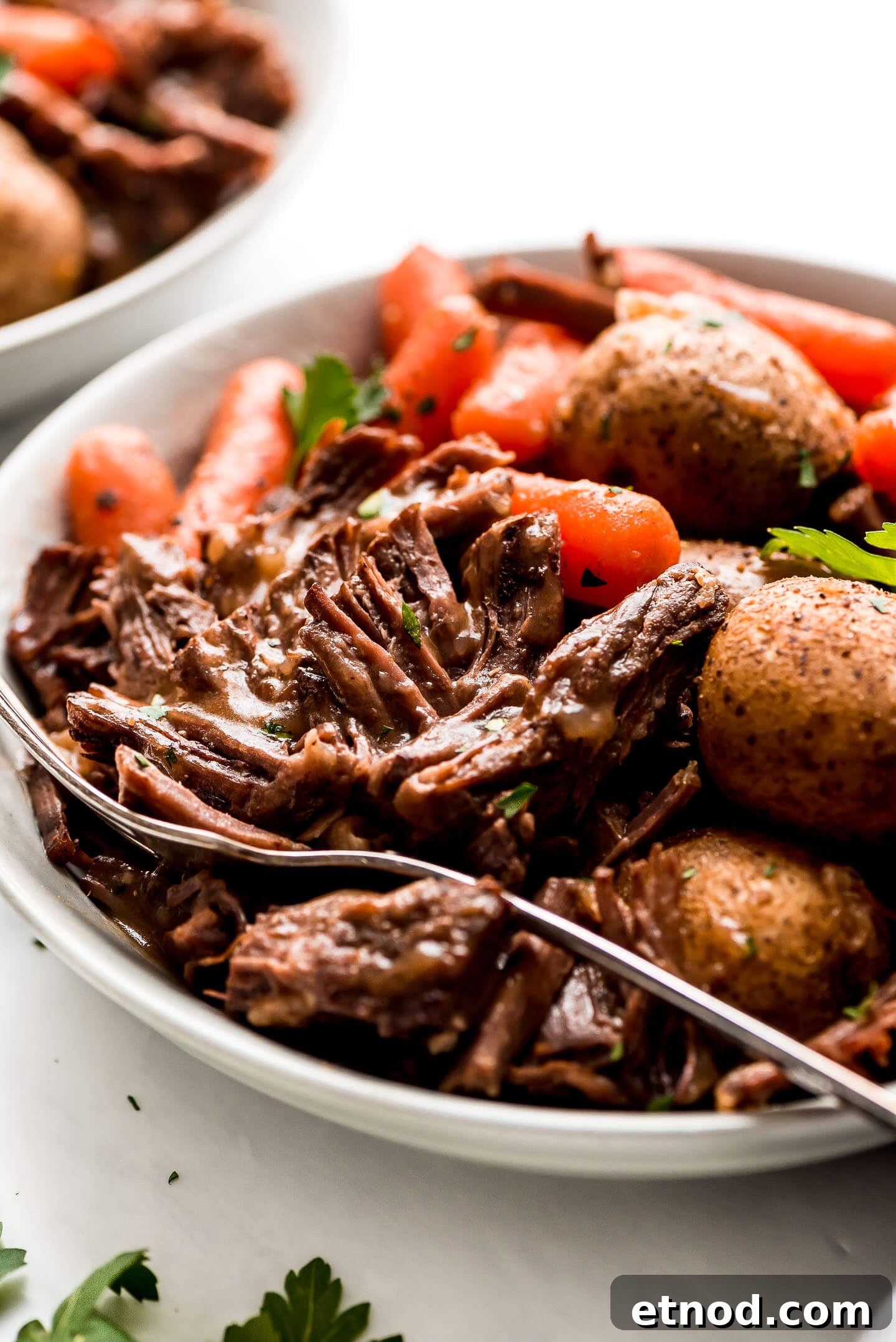 Pot Roast in a bowl with potatoes, and carrots, and drizzled with brown gravy.