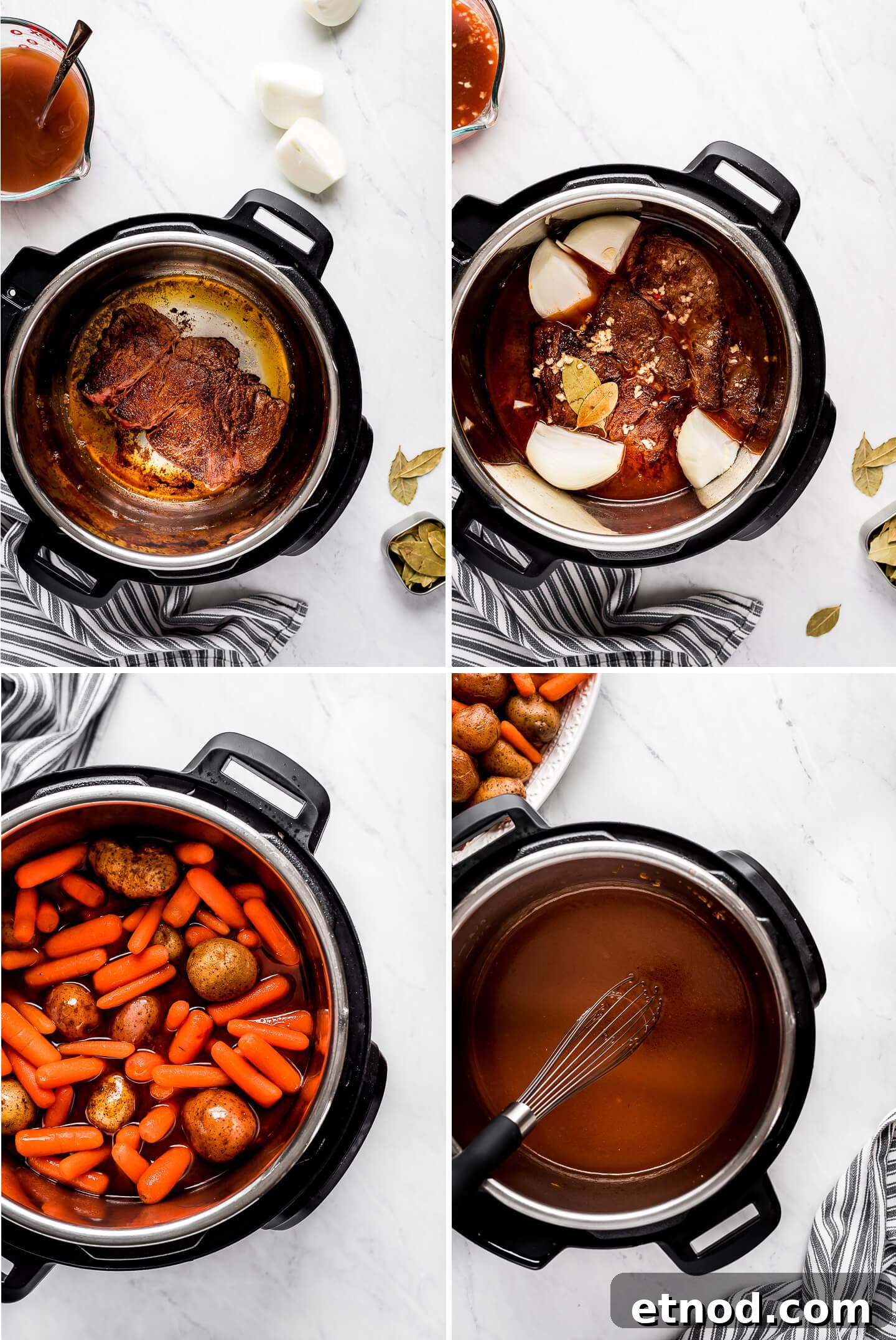 Photo collage of how to make Pot Roast in an Instant Pot.