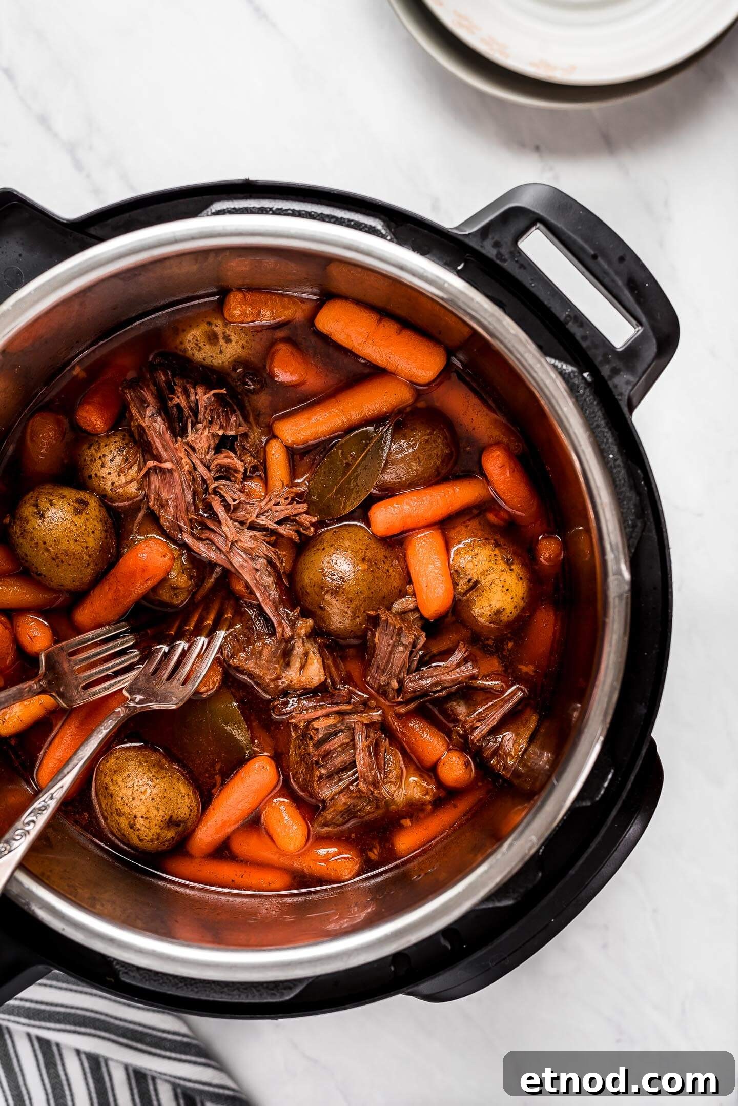 Beef, potatoes, carrots, and broth in an Instant Pot.