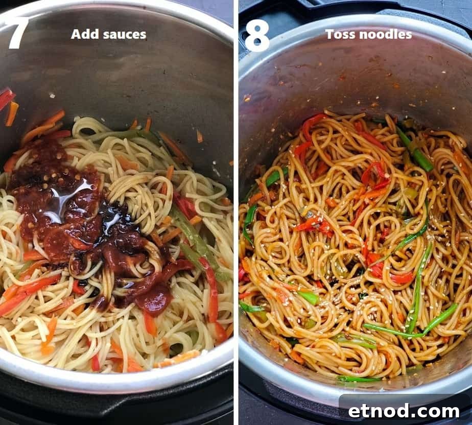 tossing noodles in sauces in instant pot garnished with sesame seeds & scallions