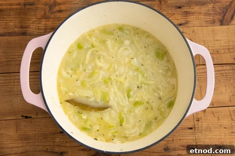 Cream of Onion Soup Recipe: Rich, Silky Classic Soup 8 Chicken broth and remaining ingredients added to large pot for cream of onion soup.
