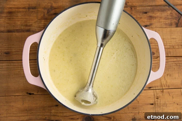 Cream of Onion Soup Recipe: Rich, Silky Classic Soup 9 Immersion blender in large pot with smooth cream of onion soup.