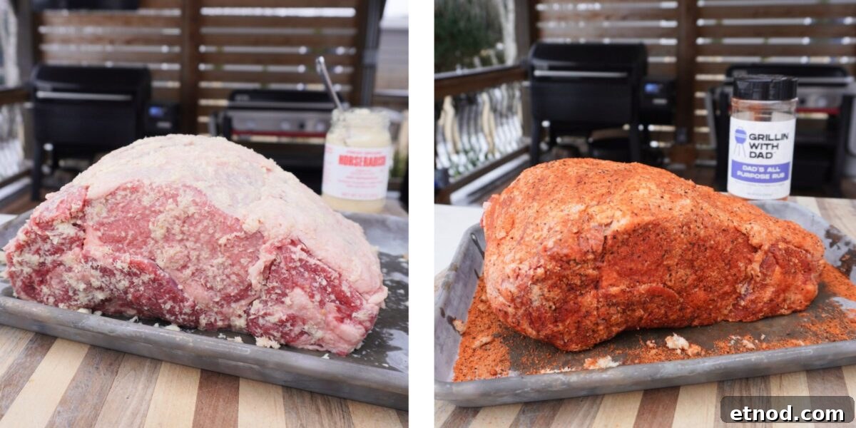 Juicy Grilled Prime Rib Sliders Recipe for Game Day 4 Prepped Prime Rib with a horseradish binder on the left and all purpose seasoning on the right.