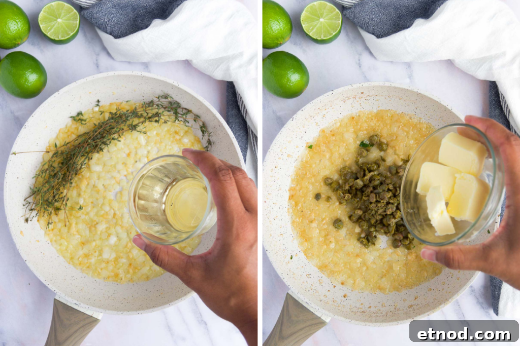 a collage of two images showing how to make a caper butter sauce in a skillet