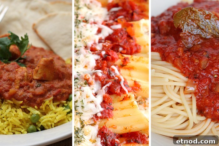 Three photo picture collage of chicken tikka masala, amazing manicotti, and amazing spaghetti sauce.
