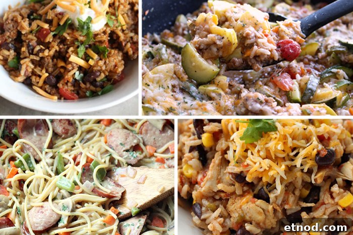 Four-photo picture collage of creamy cajun pasta skillet with kielbasa, million dollar zucchini skillet, chicken taco and rice skillet and skillet taco rice dinner.