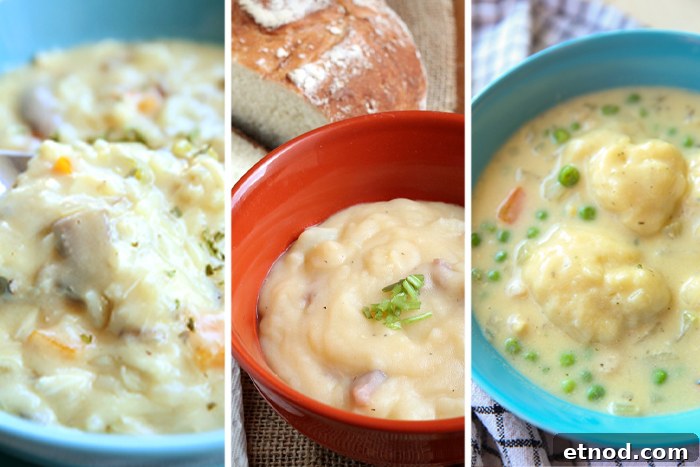 Three-photo picture collage of chicken and mushroom wild rice soup, thick and creamy tomato ham soup, and creamy chicken and dumpling soup.
