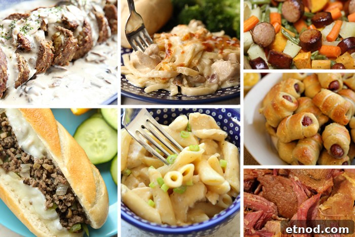 7-photo picture collage of stuffed meatloaf, ground beef Philly cheesesteak, chicken tetrazzini, buffalo chicken pasta, kielbasa and roasted vegetables, pretzel wrapped little smokies, and holiday ham.