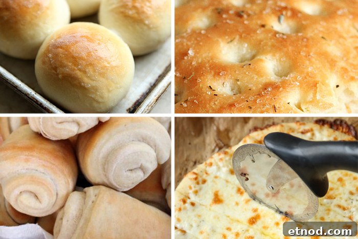 4-photo picture collage of the best dinner rolls, copycat macaroni grill rosemary bread, Lion House Rolls, and the best cheese breadsticks.