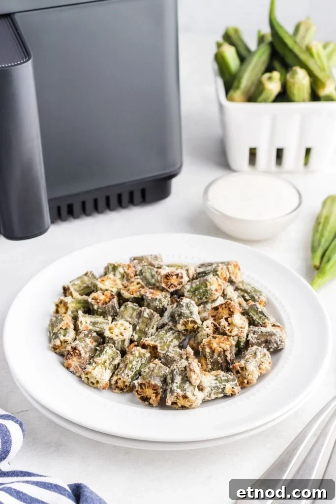 Crispy Air-Fried Okra Recipe for Perfectly Tender Bites 2 Golden fried okra in a white shallow plate in front of an air fryer.