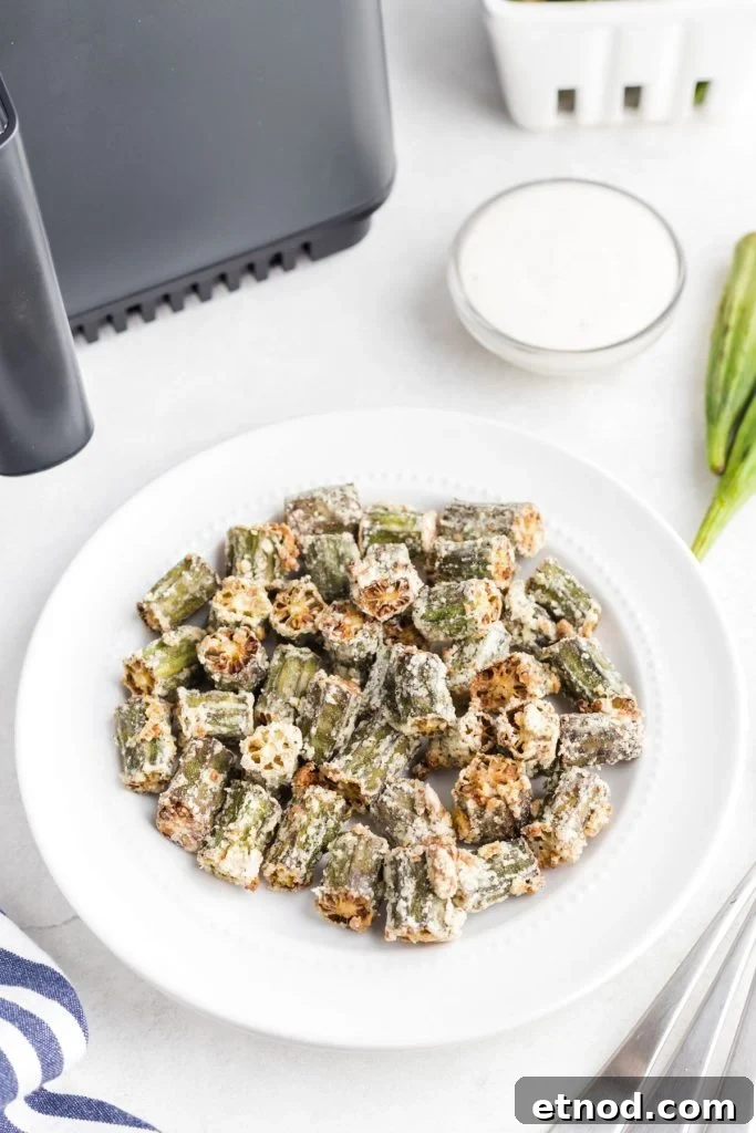 Crispy Air-Fried Okra Recipe for Perfectly Tender Bites 8 Golden fried seasoned okra pieces in a white plate.