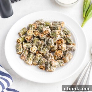 Crispy Air-Fried Okra Recipe for Perfectly Tender Bites 10 Golden fried seasoned okra pieces in a white plate.