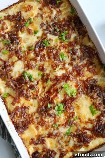 French onion potatoes in casserole dish.