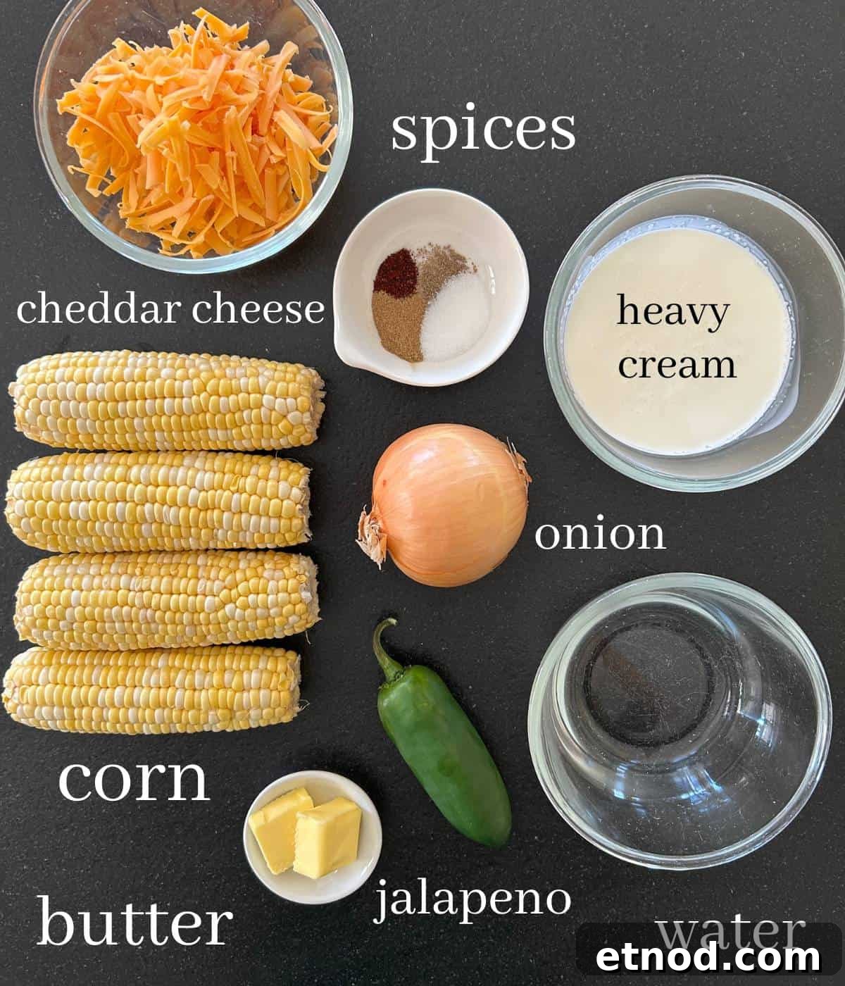 Ingredients for creamed corn with jalapeños on countertop.