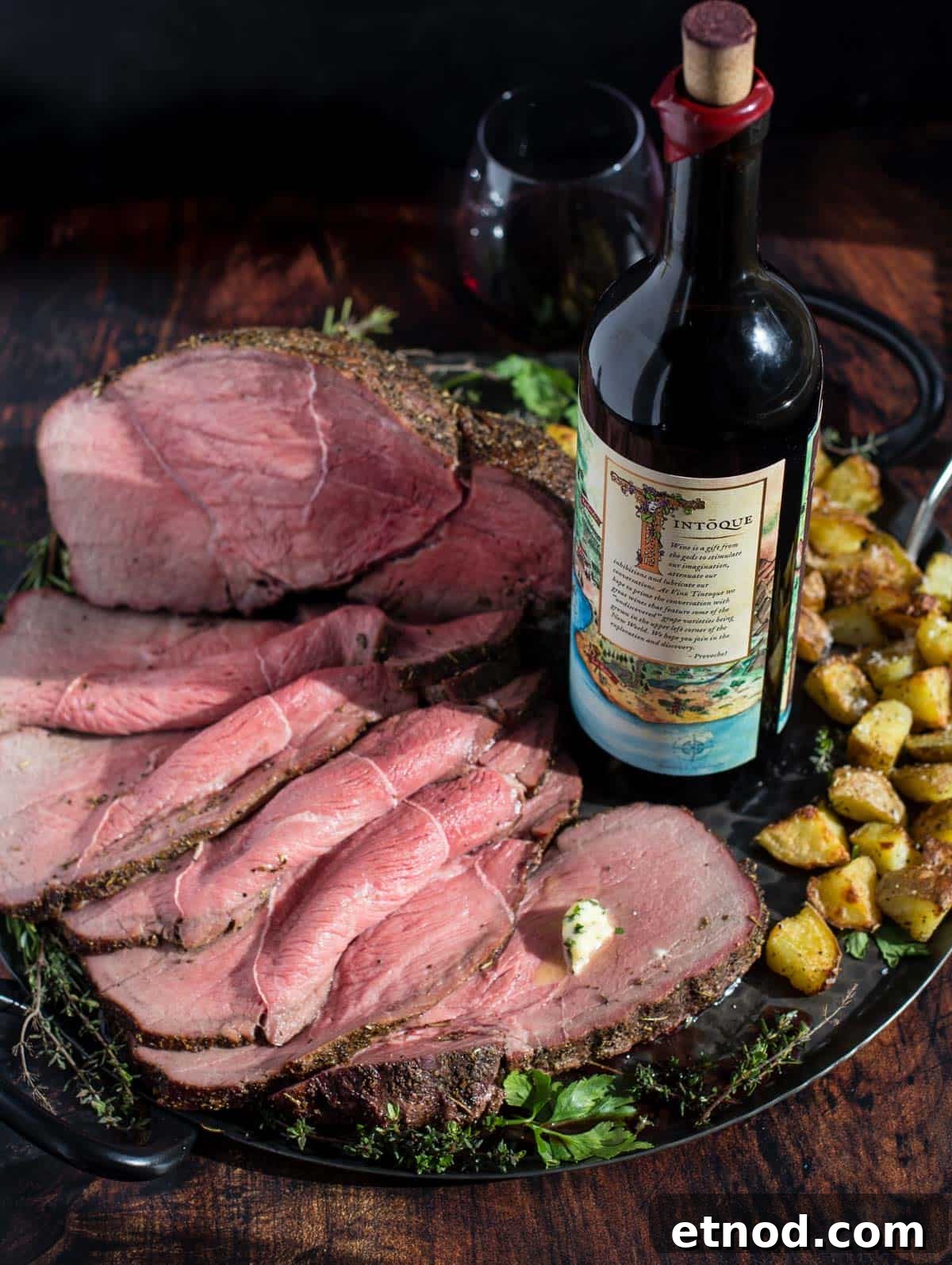 Smoked Herb-Crusted Roast Beef Recipe 8 Smoked roast beef with roasted potatoes and wine pairing.