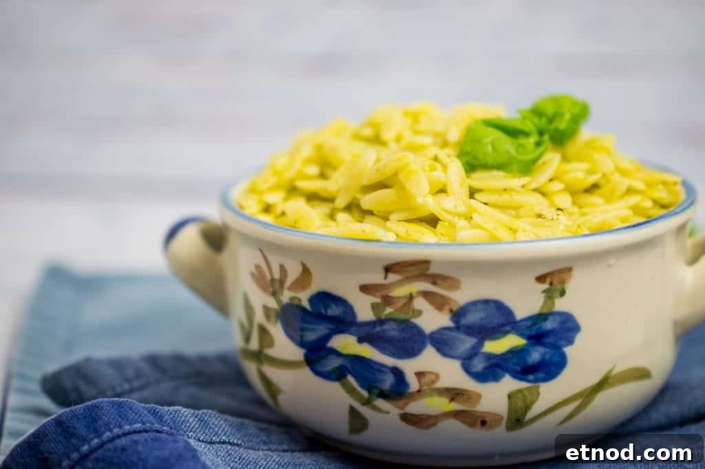 31 Forgotten Grandma Potluck Recipes Worth Bringing Back 14 Orzo pasta salad in a blue flowered bowl.