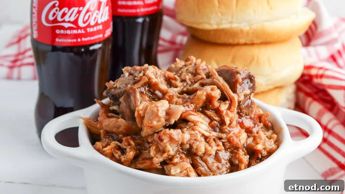 31 Forgotten Grandma Potluck Recipes Worth Bringing Back 23 A serving of pulled pork in a white bowl with hamburger buns and bottled coca-cola in the background on a checkered cloth.