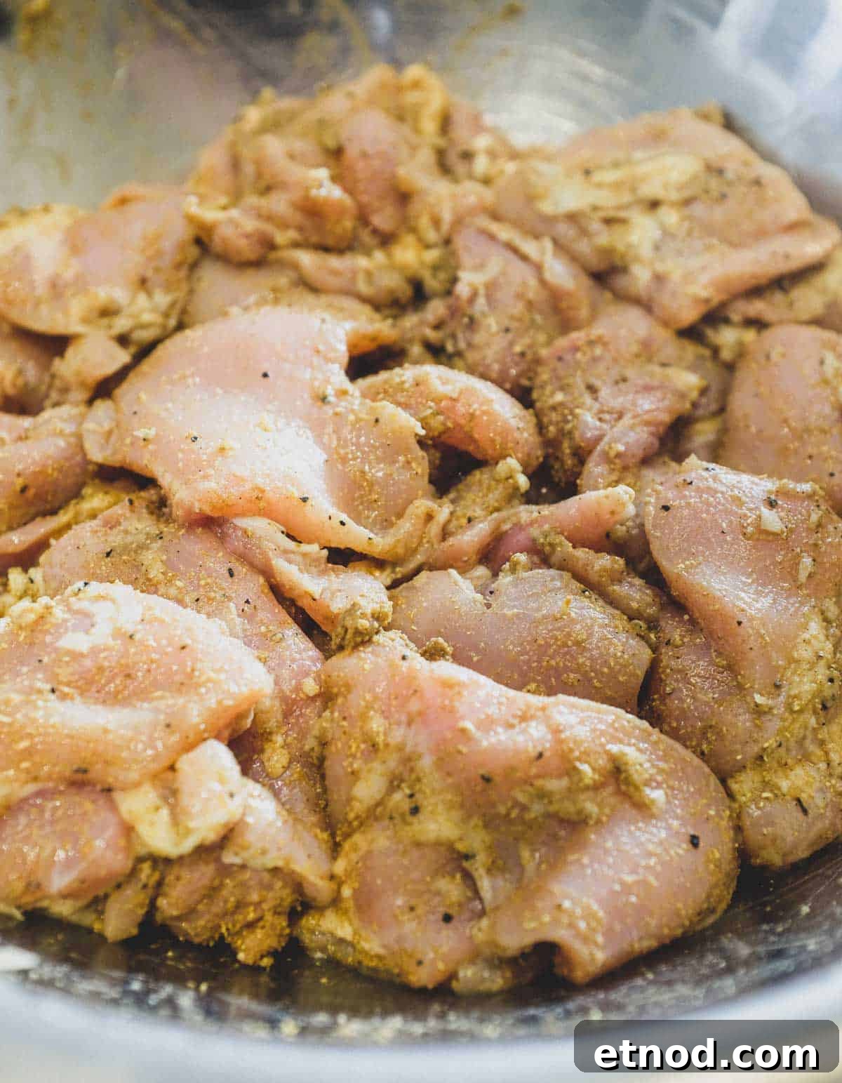 Middle Eastern Marinade for Chicken Kebabs | cookeatworld.com Chicken marinating in a large bowl for Middle Eastern Kebabs