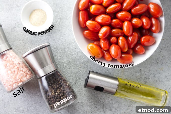Crispy Air Fryer Cherry Tomatoes Recipe in Minutes 3 Ingredients needed for air fryer cherry tomatoes.