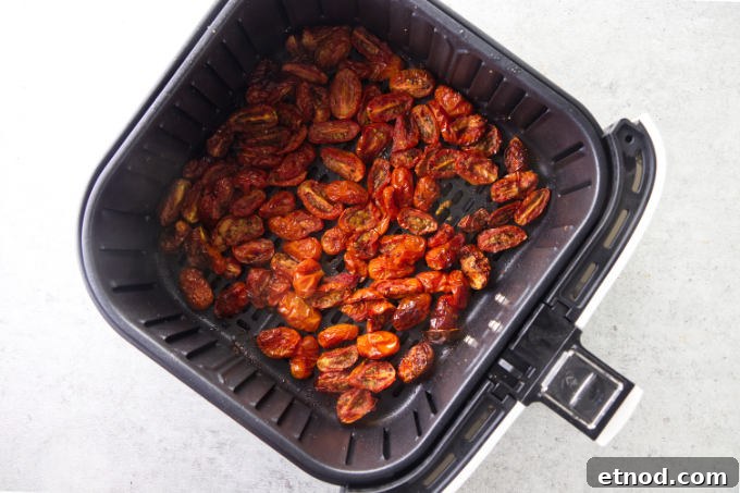 Crispy Air Fryer Cherry Tomatoes Recipe in Minutes 7 Cherry tomatoes freshly cooked in an air fryer.
