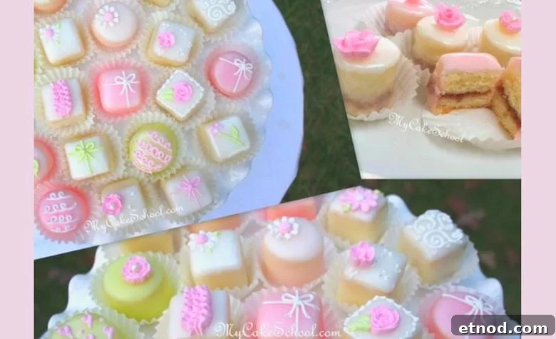 Our favorite petit four glaze! Learn how to make these sweet little cakes in our free tutorial! Beautiful Petit Fours by MyCakeSchool.com