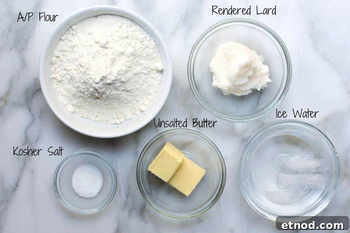 Lard Pie Crust Ingredients on a marble board