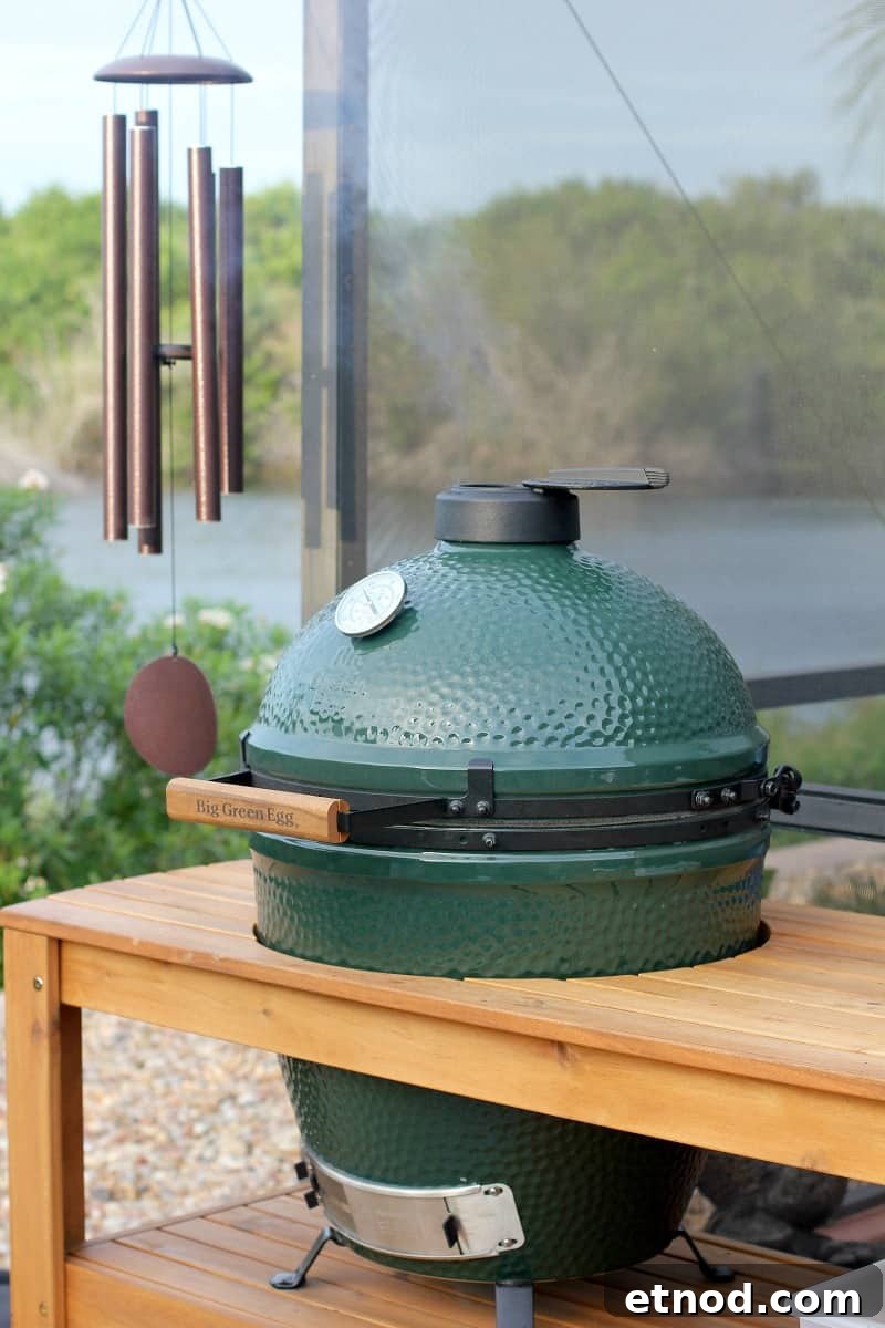 Smoky Grilled Green Bean Casserole with Crispy Bacon 3 size large big green egg in a table outdoors