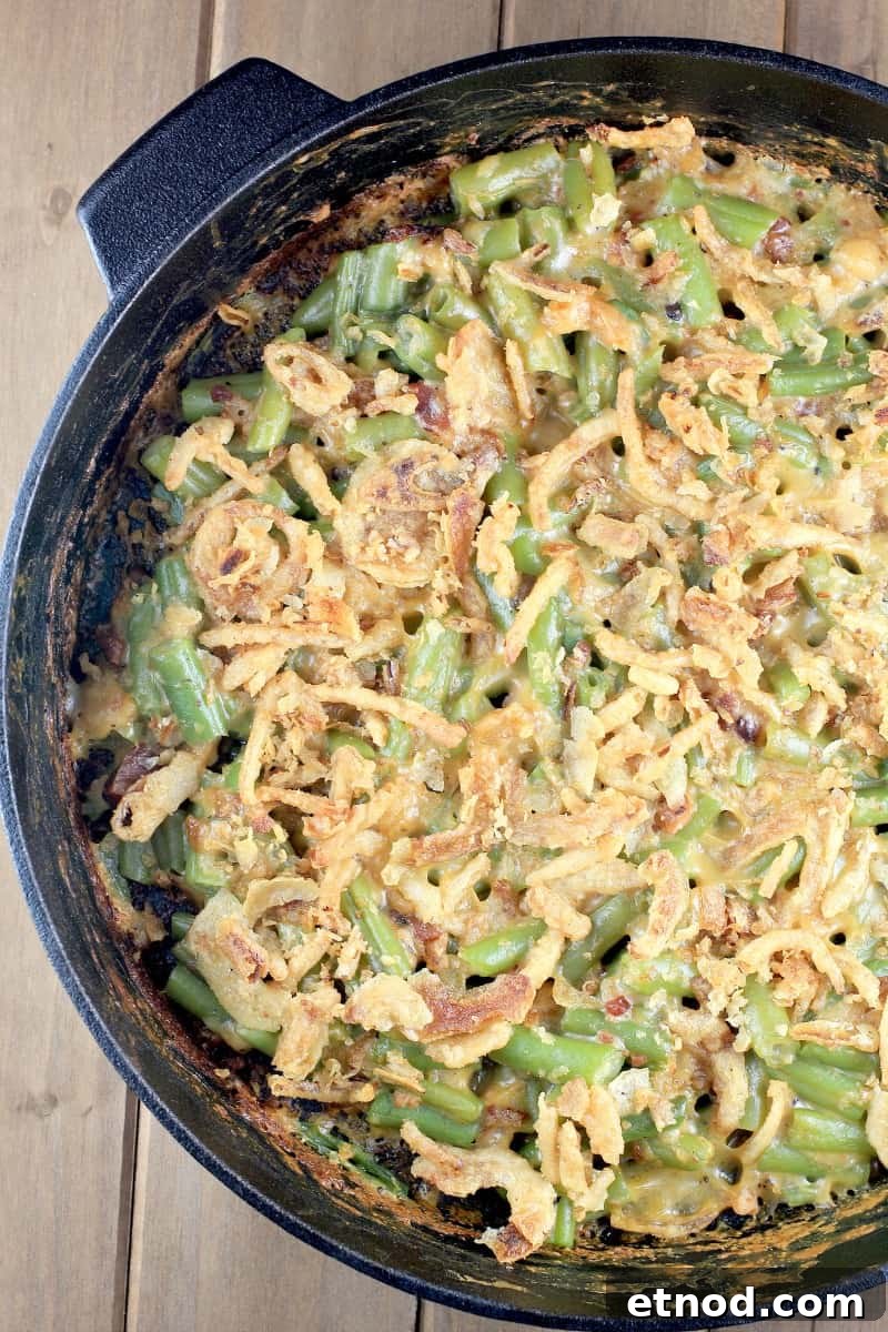Smoky Grilled Green Bean Casserole with Crispy Bacon 9 top down view of cooked casserole showing crunchy onions on top