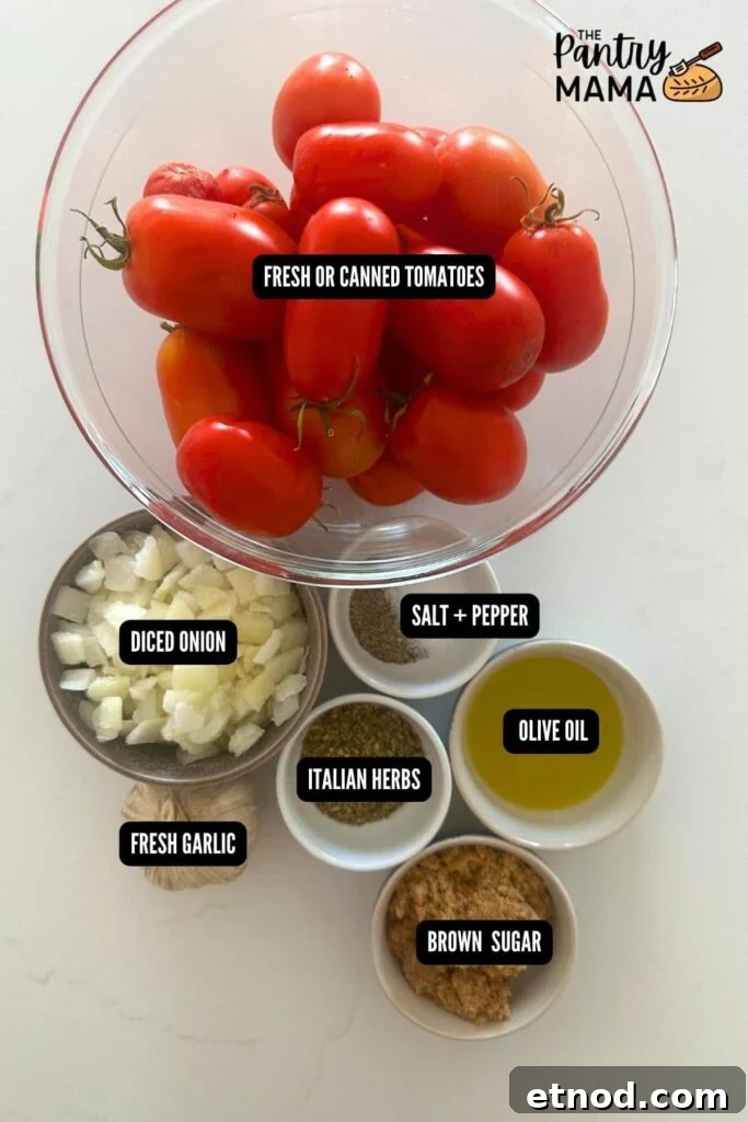 Authentic Homemade Pizza Sauce Recipe for Restaurant-Style Flavor 5 Flat lay of ingredients necessary to make homemade pizza sauce recipe for sourdough pizza.