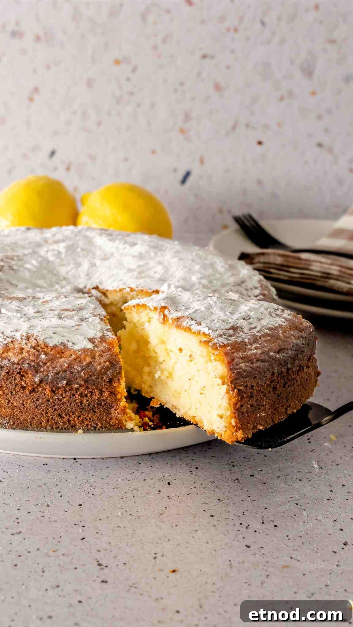 Zesty Lemon Yogurt Cake Recipe with Moist, Tangy Crumb 5 A black cake server pulling a slice of powdered sugar topped lemon and yogurt cake.