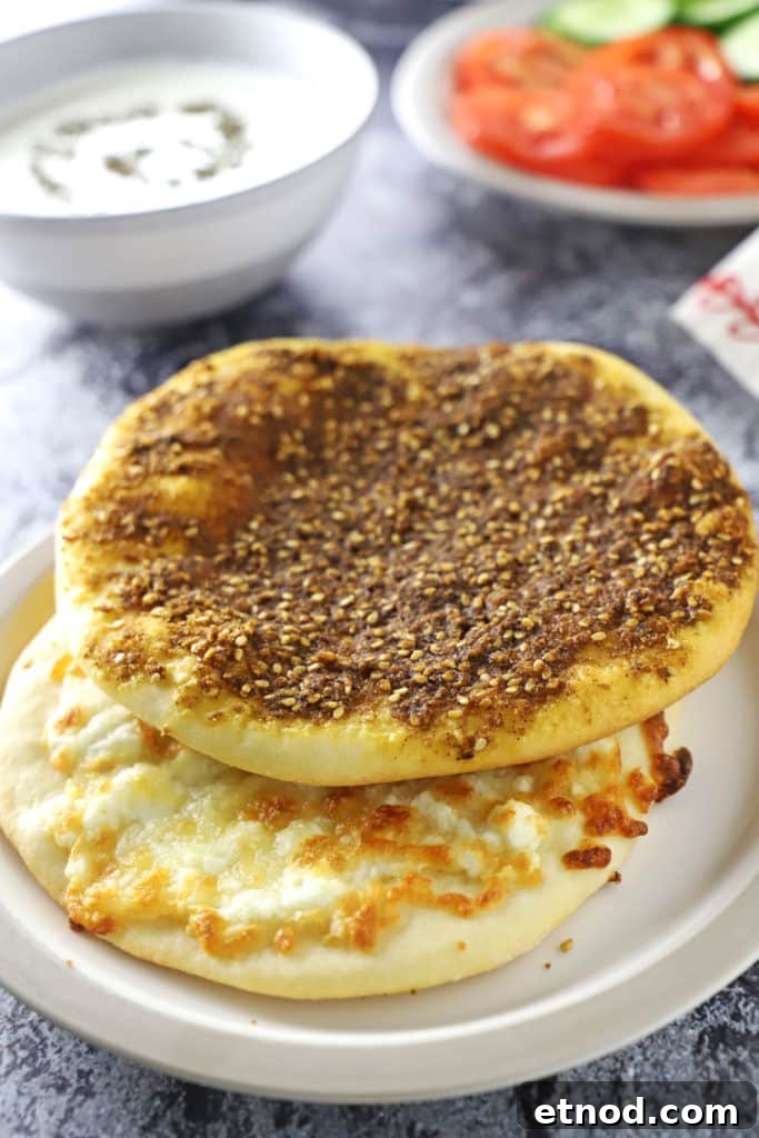Za'atar and cheese manakish placed on a concret surface with bowls of dips in the back.