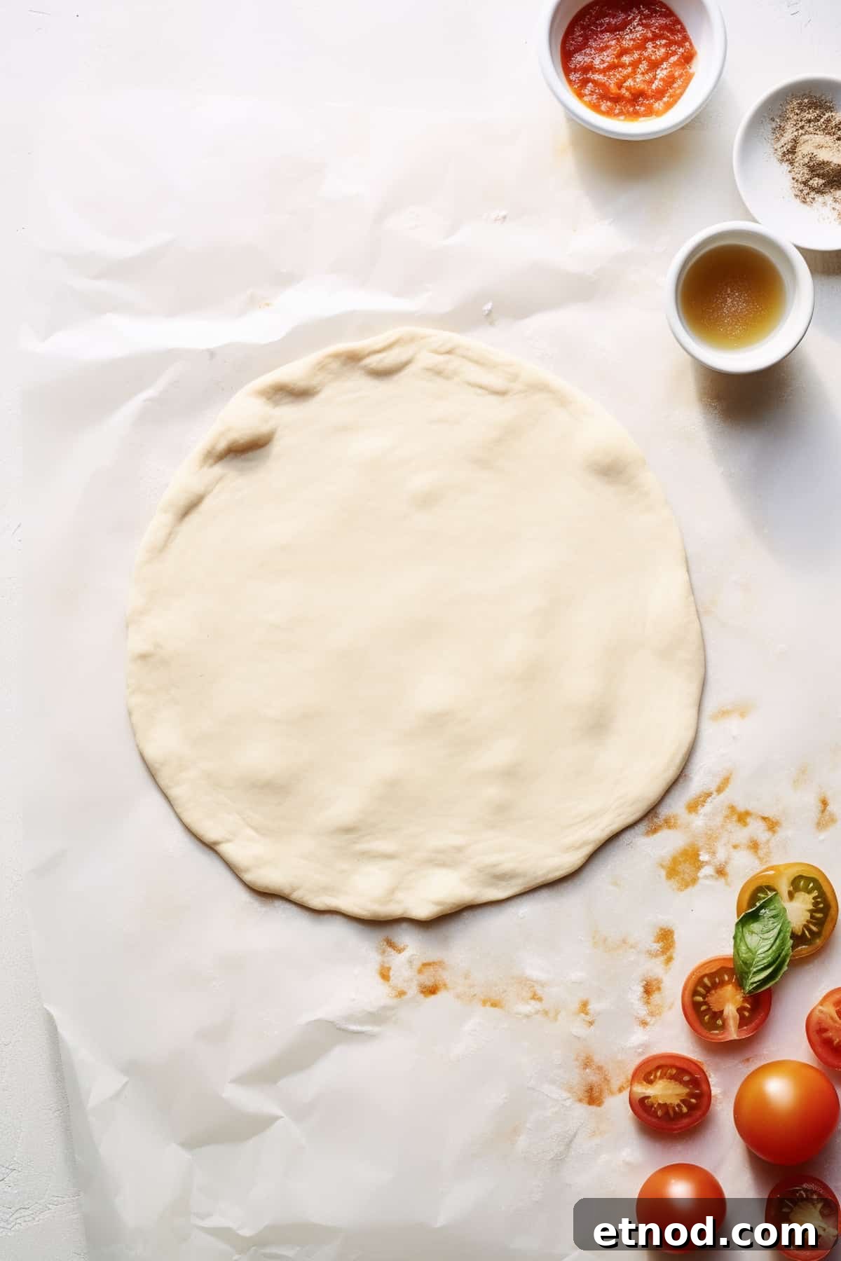 Homemade Chorizo Pizza Recipe: Crispy Thin-Crust Flavor 5 Pizza dough rolled out on a white table.