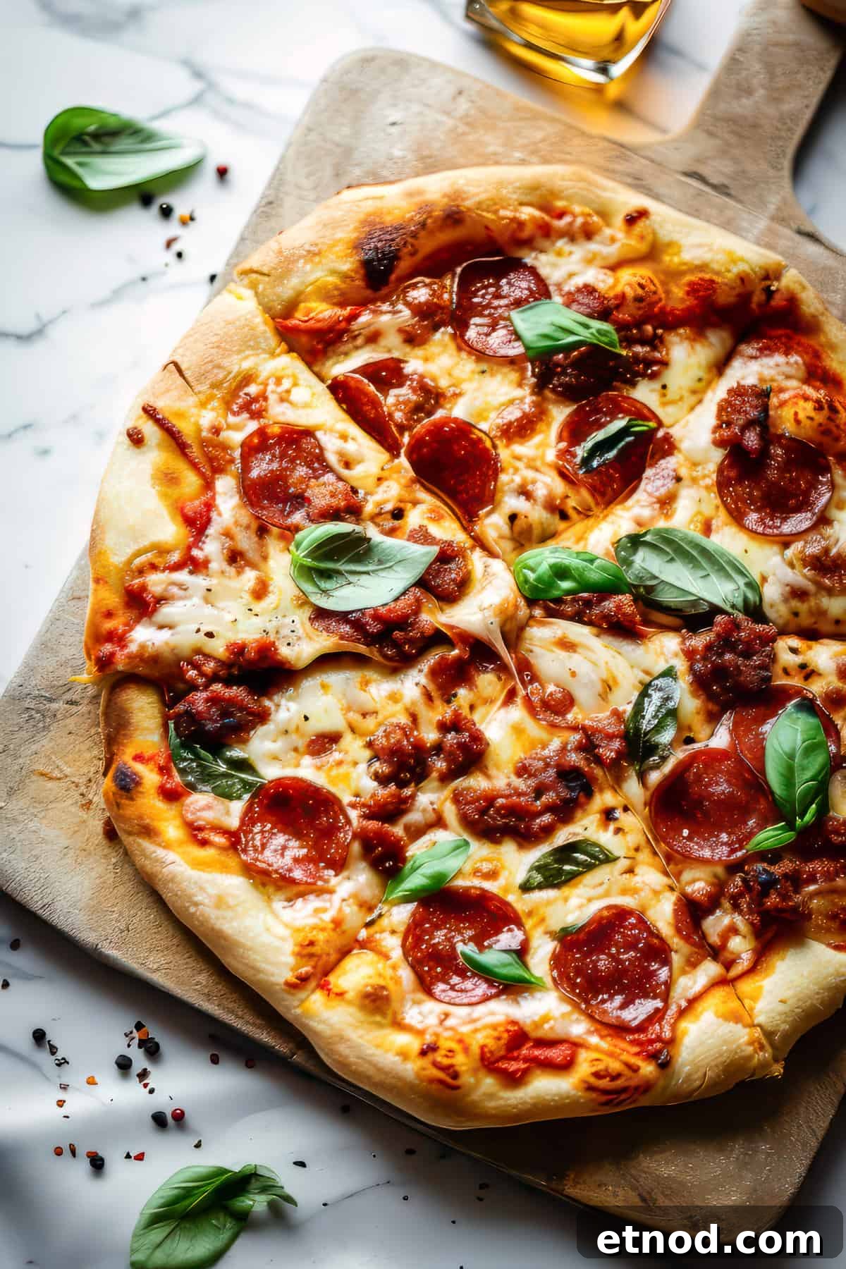 Homemade Chorizo Pizza Recipe: Crispy Thin-Crust Flavor 7 Chorizo pizza with cheese and basil.