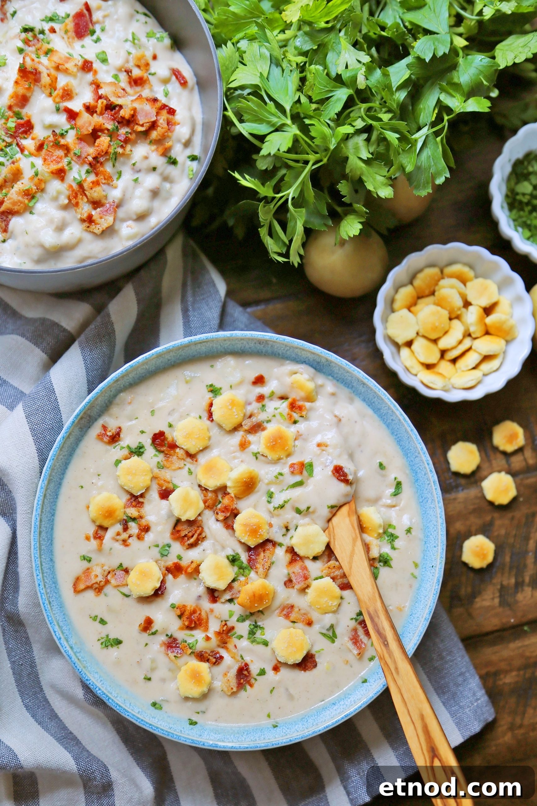 Classic New England Creamy Clam Chowder Recipe 8 Bowl on table