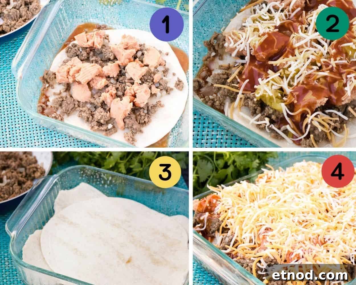 Cheesy Beef Enchilada Casserole Recipe for Family Dinners 4 4 images showing how to layer tortillas, ground beef, beans, cheese, and enchilada sauce in a 9x9 pan.