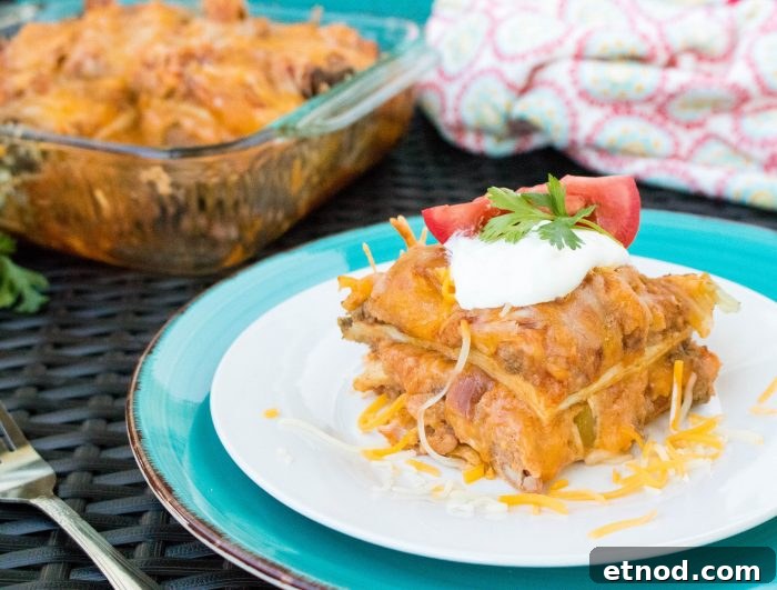 Cheesy Beef Enchilada Casserole Recipe for Family Dinners 5 beef enchilada bake on a white plate topped sour cream and cheese.